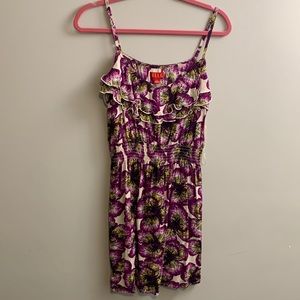 Elle purple floral print, Ruffle Spaghetti Strap Dress, Knee length, Large